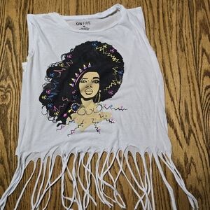 On Fire White  Queen Graphic  Sleveless Fringe Tank Top Size M